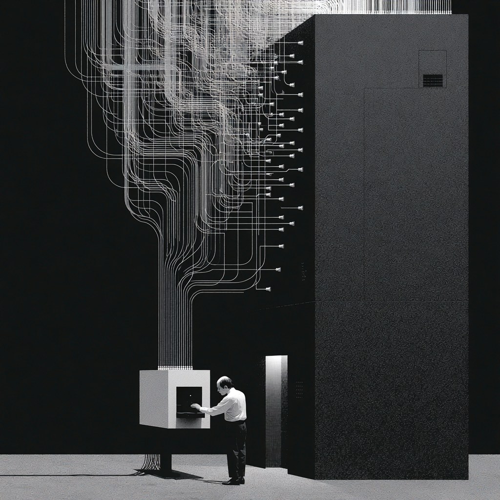 A man operating a small white terminal beside a towering dark monolith, the terminal's cables rising and multiplying into a vast tangle above him
