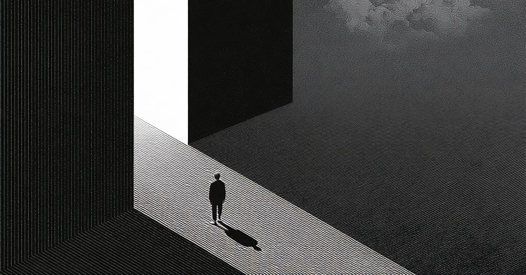 A lone figure walking a lit path between towering dark walls, toward a doorway of light