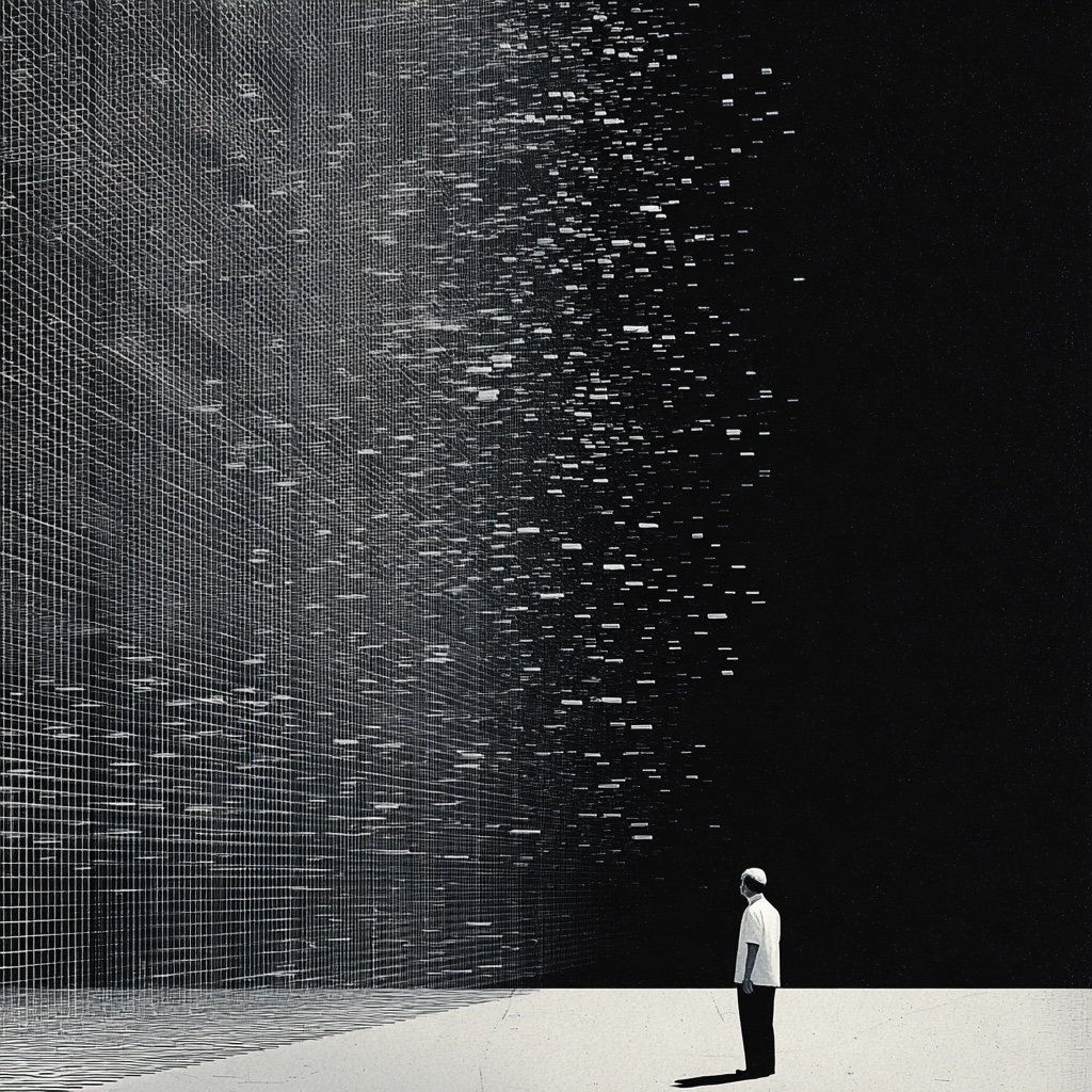 A lone figure stands on a pale floor before a towering grid wall that dissolves into a scatter of fragments drifting off into black space, a visual metaphor for structured model output breaking apart under a schema